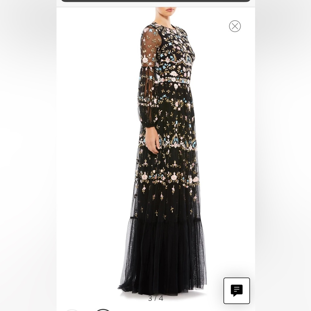 Mac Duggal Embroidered Long Sleeve Floor Length gown Black Sz 12